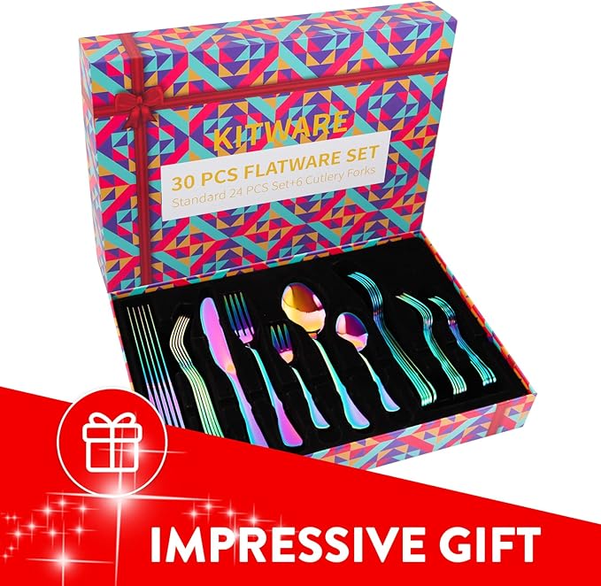 30 Piece Rainbow Silverware Set with Gift Box for 6, Colorful Stainless Steel Flatware Cutlery Set, Home Kitchen Tableware Utensil Set, Include Spoons Forks Knives