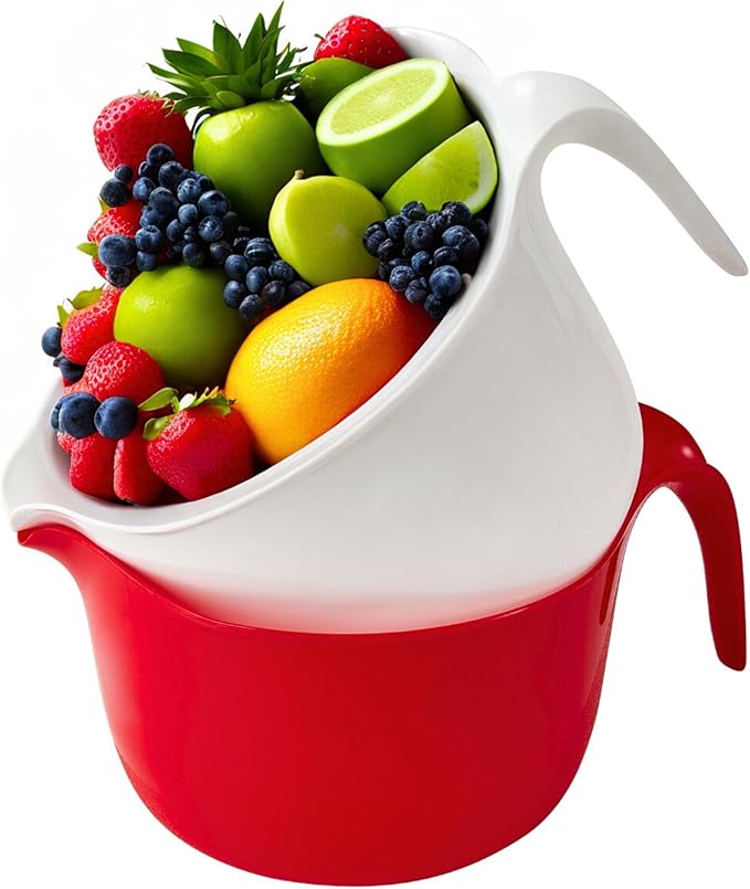 2 Pcs Large Mixing Bowls with Handles, 3.6 qt - Plastic Nesting Bowls for Kitchen, Lightweight Batter Bowls, Easy to Clean, White & Red