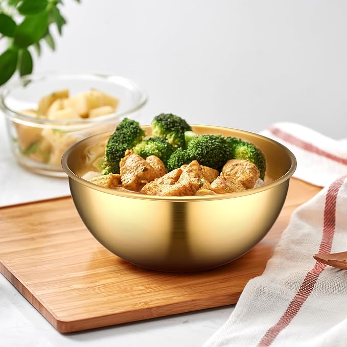 Nuogo 10 Pcs Stainless Steel Gold Mixing Bowls Gold Esthetician Bowls for Wedding Party 4th of July Baking Prepping Serving Facial Food Salad Fruit Snack Soup Cereal (4.7 Inch)