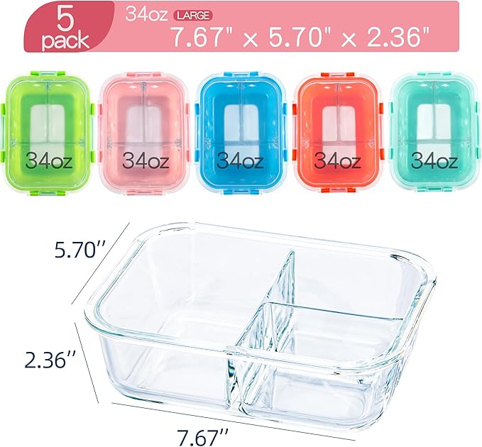 5 Pack Glass Meal Prep Containers 3 Compartment with Lids, Divided Glass Storage Containers with Silicone Sleeve for Lunch, Leak-Proof Portion Control Food Containers, Dishwasher Safe, 34 oz