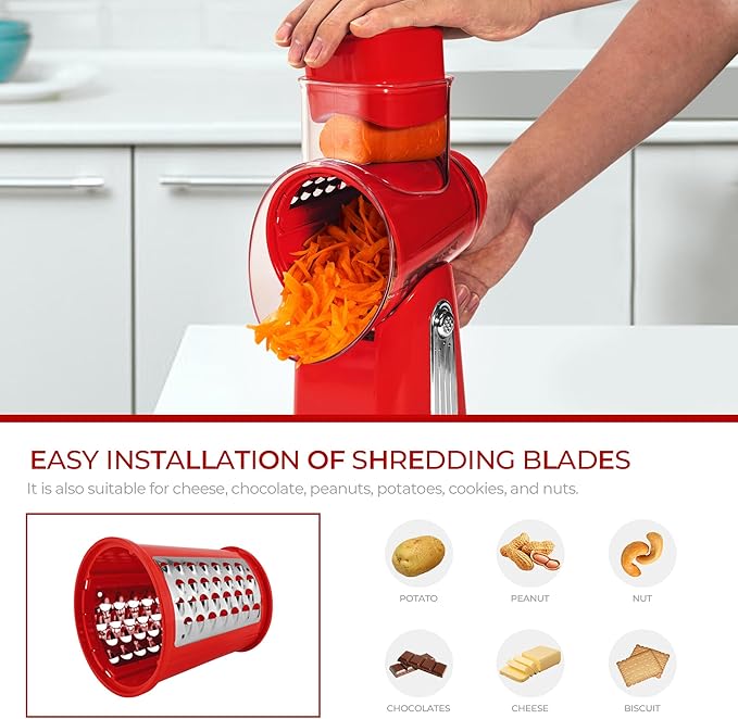 SUSTEAS Rotary Cheese Grater with Handle - Vegetable Shredder with 5 Well-designed Blades & Strong Suction Base,Round Mandoline Slicer & Food Chopper for Kitchen,with Blade Storage Box(Red)