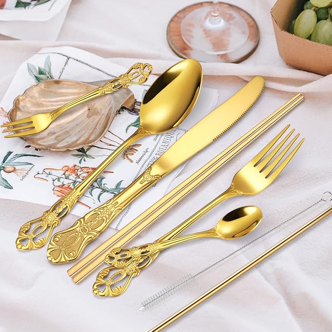 AARAINBOW 7 Pieces Stainless Steel Flatware Set Portable Reusable Cutlery Set Travel Utensils Set Including Chopsticks Knife Fork Spoon Straws Cleaning Brush Dishwasher Safe (G-Golden)