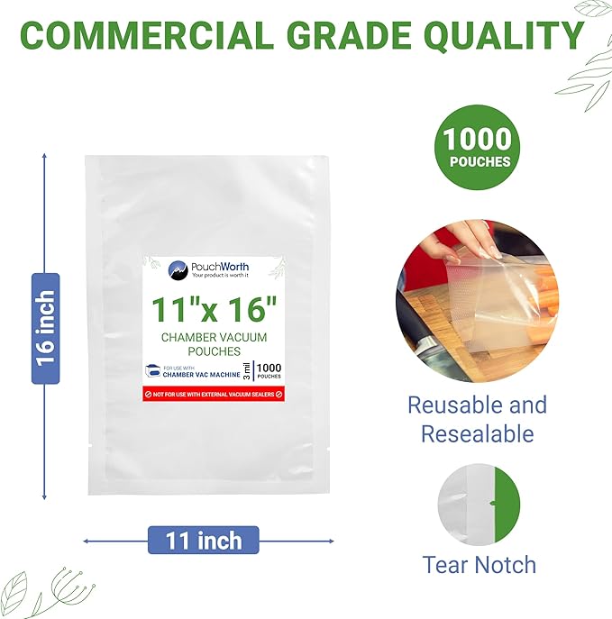 1,000 pcs Clear 11" x 16" Gallon, 3 mil Chamber Machine Pouches, Pre-Cut Chamber Vacuum Sealer Bags, Heavy Duty Seal Pouch, BPA-Free Chamber Sealer Bags with Tear Notch