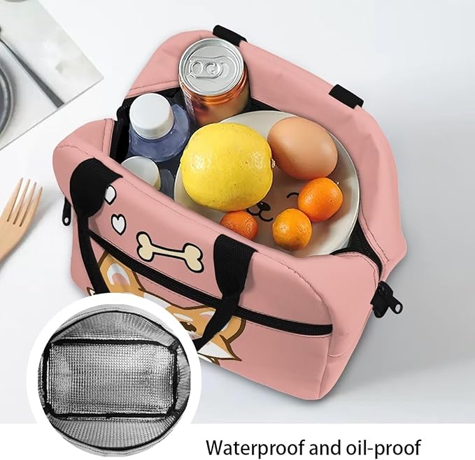Showudesigns Cute Corgi Lunch Bags for Girls 8-10 10-12 Insulated Lunch Box Travel Bag Picnic Container Thermal Meal Tote Kit With Thick Handle Crossbody Bag Lunchbox Bento Pink