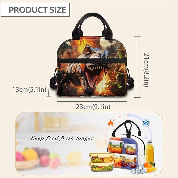 Showudesigns Dinosaur Lunch Bag for Kids Boys Lunch Boxes for School 10-12 Flame Bento Cooler Bag Cute Insulated Lunchbox Container Picnic Bags Crossbody Purse Brown