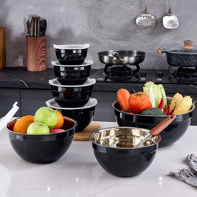Black Mixing Bowls With Airtight Lids,Stainless Steel Bowl,Salad Bowls 7 Piece Colorful Nesting Bowl Rainbow Kitchen Accessories,Size 7,3.6,2.7,2.1,1.5,1.1,0.8QT Stackable Design
