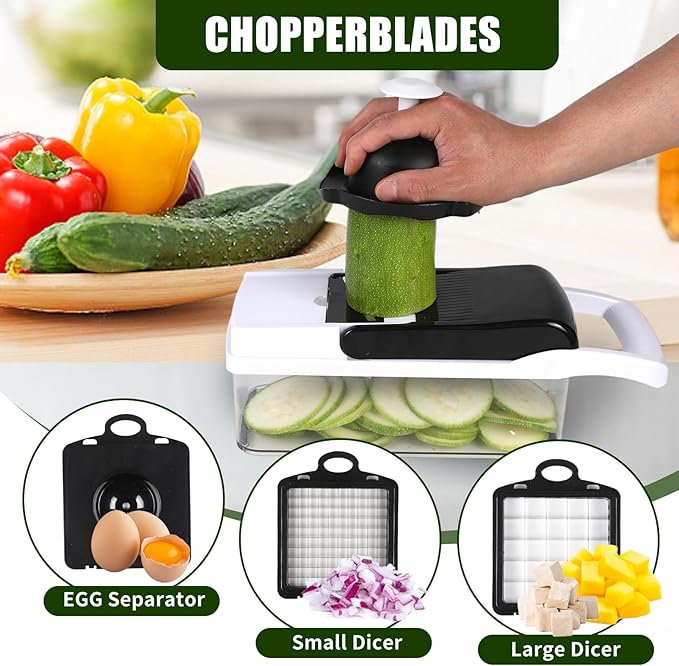 Multifunctional vegetable cutter 23 in 1 vegetable slicer, cucumber slicer, potatoes, tomatoes, zucchini, garlic, eggs, vegetable cutter with container and lid, salad cutter, dicing machine, shredder