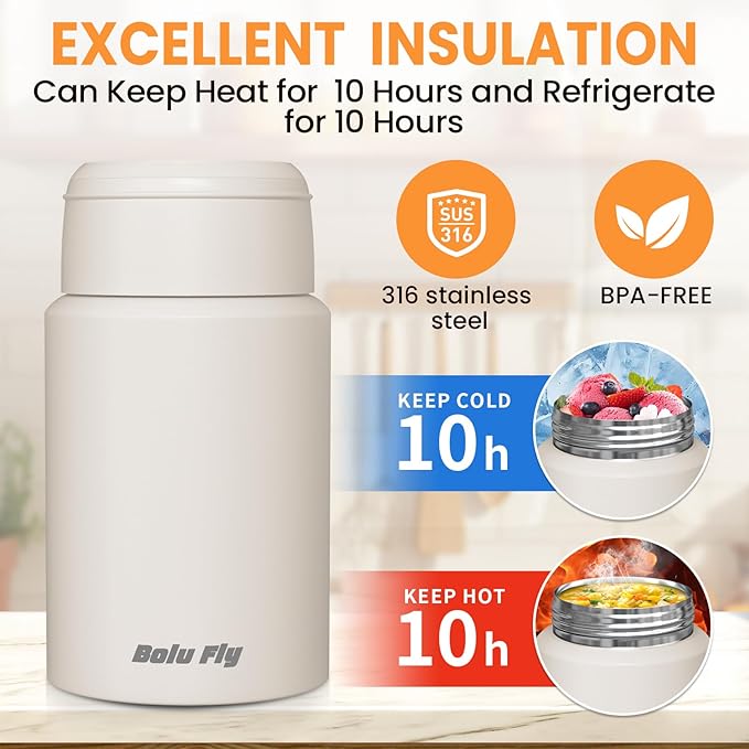 2 Pack Soup Thermo for Hot & Cold Food for Adults, Insulated Food Jar, Stainless Steel Vacuum Thermal Lunch Box Containers with Carry Bag and Spoon (18.5oz, 27oz) (White)