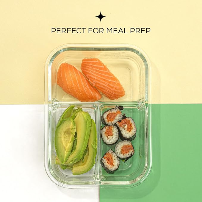 JoyJolt Divided Food Storage Containers with Lids Airtight. 5 Pack Glass Meal Prep Containers 3 Compartment Set Glass Bento Box. Reusable Food Containers, Portion Control Containers for Weight Loss
