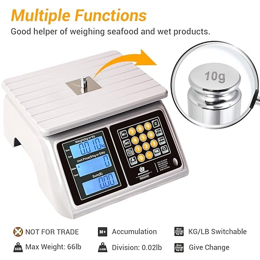 Price Computing Scale 66lb Digital Rechargeable Commercial Weight for Produce Food Meat Fruit Vegetable with Dual Large Display, Give Change Function and 5 Direct Plus Included, Not for Trade