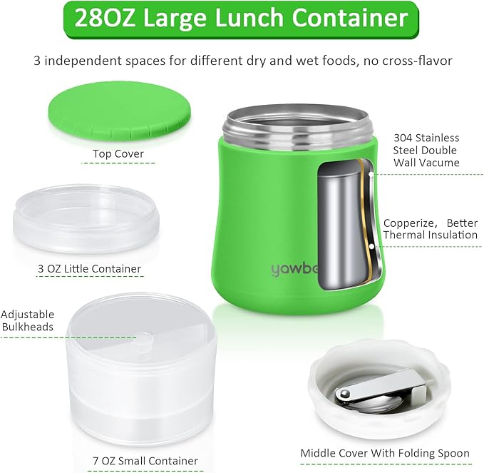 Yogurt Container, Insulated Food Container, 2 In 1 Cereal Cup On The Go,Stainless Steel Insulated Food Jar With Spoon,28oz Thermal Lunch Pot For Soup Yogurt Salad Breakfast Milk Fruit (Green)