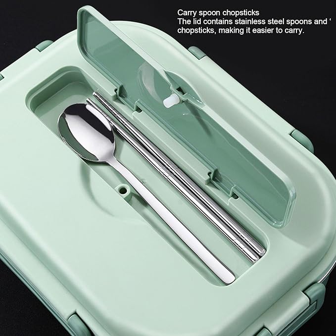 Raguso Boxs Dinnerware 4‑Grid Lunch Box Stainless Steel Meal Prep Containers for Canteens Office Family Food Storage Container (Four-compartment lunch box with soup bowl: green)
