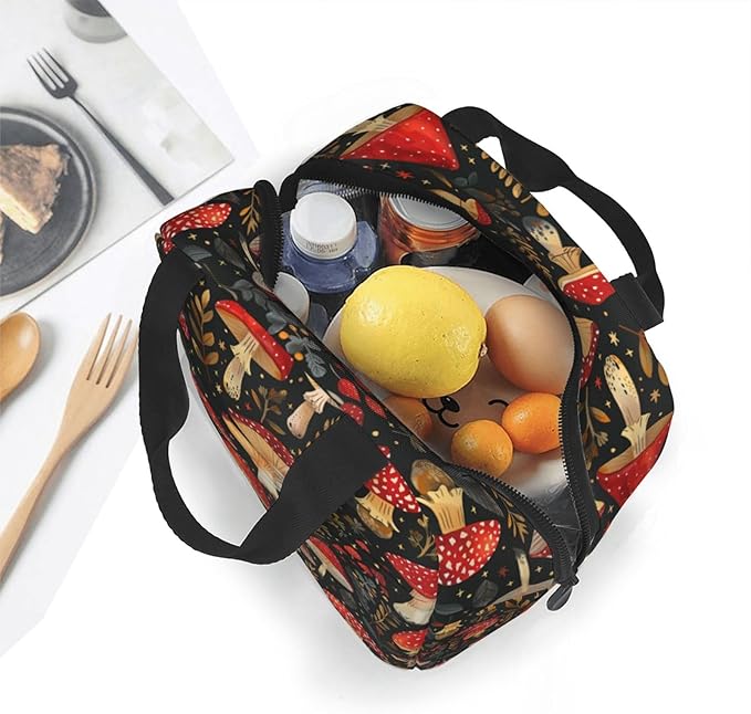 Mushroom Lunch Box Vintage Mushroom Leaf Forest Insulated Lunch Bag for Kids Women Men Reusable Cooler Botanic Lunch Tote Bag with Front Pocket for Girls Boys Students School Picnic Travel Office