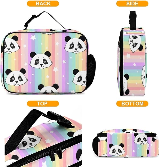 Rainbow Panda Reusable Lunch Box Insulated Lunch Bag Cooler Bag Lunchbox Meal Food Container Tote Bag for Women Kids Girls School Camping Hiking Picnic Beach Travel