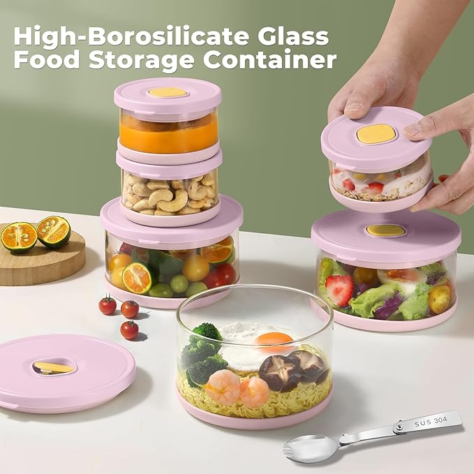 Glass Food Storage Containers with Airtight Lids, 33.8oz & 11.8oz High-Borosilicate Glass Meal Prep Containers with Spork, Bento Lunch Boxes for Salad, Ramen, Soup, Snacks, Fruit - 2 Pack, Pink