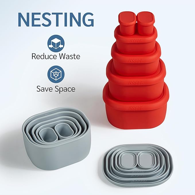 ISSEVE 6Pcs/Set Nesting Silicone Food Storage Containers with Lids, BPA Free Reusable Meal Prep Silicone Containers Lunch Box Bento Box Set (33.8oz, 20oz, 10oz, 6.7oz, 1.3oz) (Red)