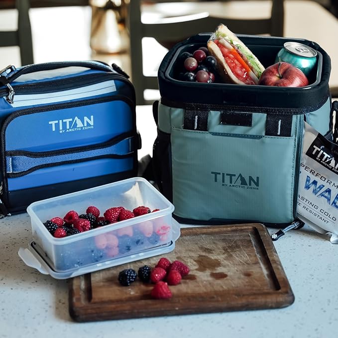 Titan Fridge Cold Zipperless Insulated Lunch Box - With Reusable Gel Ice Packs Plus Food Container Set - Sail Blue