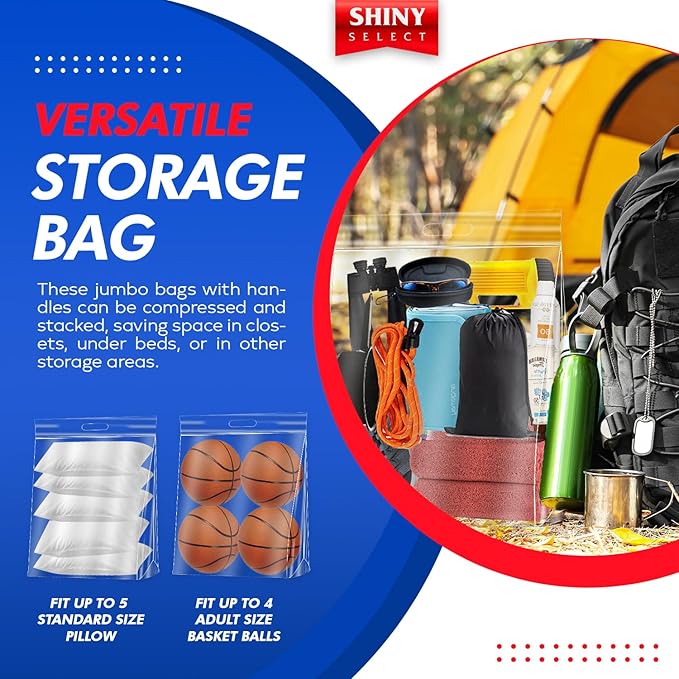 10 Gallon Jumbo Storage Bag w/Handle & Resealable Zipper Top 24x24, 3 Bags – Clear Big Plastic, Extra Large XL, 4 Mil Thick Heavy Duty for Linens, Baby Items, Documents, Sports Equipment