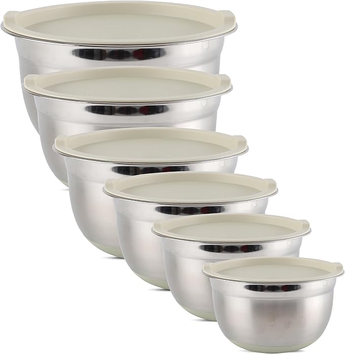 Country Kitchen Mixing Bowls with Airtight Lids - 12 piece Stainless Steel Metal Nesting Storage Bowls, Non-Slip Bottoms (Khaki)
