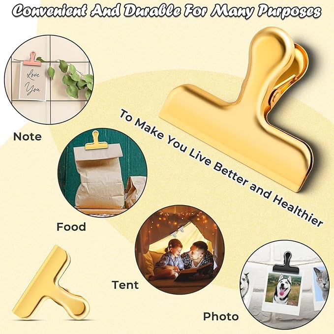 ANZNKU 24 Packs Gold Bag Clips for Food Packages, Chip Clips Bag Clips Food Clips, Stainless Steel Chip Clip for Food Packages, Bag Clips for Food Storage
