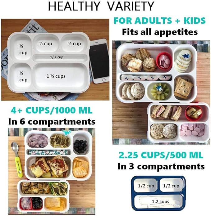 kinsho Bento Lunch-Box Set for Kids includes Snack Container | 6 and 3 Compartment Boxes Leakproof School Bentos, Meal Portion Control Containers, Boys Girls Adults, Navy Blue Large + MINI 2 Pack Set