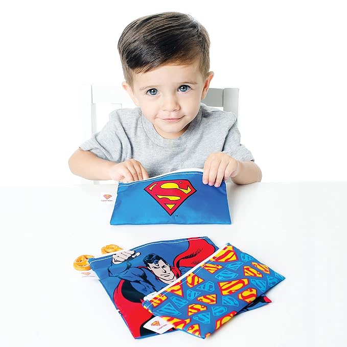 Bumkins Reusable Sandwich and Snack Bags, for Kids School Lunch and for Adults Portion, Washable Fabric, Waterproof Cloth Zip Bag, Travel Pouch, Food-Safe Storage, 3-pk DC Comics Superman