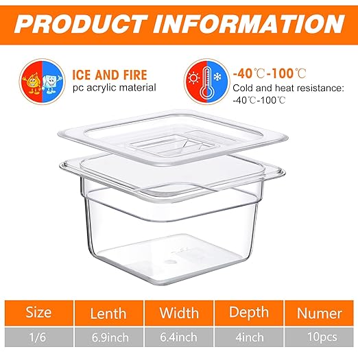 Sieral 10 Pcs 1/6 Size Food Containers with Lids - Clear Stackable Meal Prep Bins for Fridge Organization,Kitchen Storage,Bento,Baby Food,Microwave Safe (4 Inch,1.5 Quart)