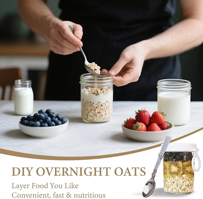 Overnight Oats Containers with Lids and Spoons - Glass Cups for Yogurt, Milk, Cereal, Pudding, Parfait, Oatmeal, Juice, Airtight Glass Canisters, 12 oz Mason Jars, Set of 6