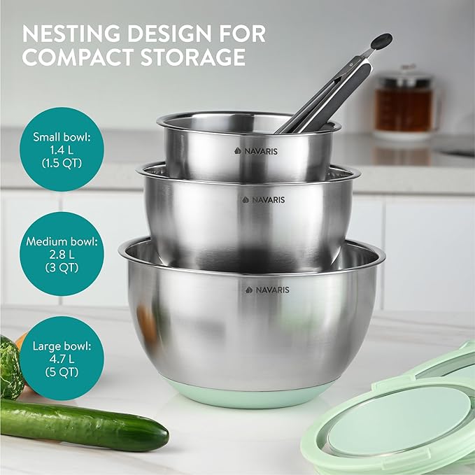 Navaris Stainless Steel Mixing Bowls with Graters (Set of 3) - Baking or Cooking Bowl Set with Lids, Grater Attachments, Non-Slip Silicone Base - Mint Green