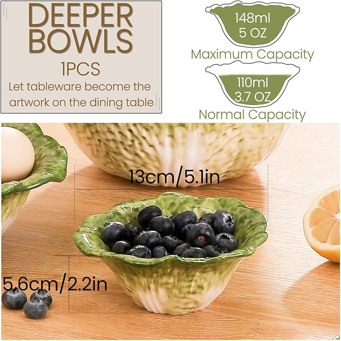 KXZ 5 oz Ceramic Dipping Bowl, Green Cabbage Shape Small Bowls, Porcelain Mini Baking Cups Oven Safe for Personal Ice cream, Soy Sauce, Dipping Dish, Cheese, Snack, Yogurt, Ketchup, BBQ