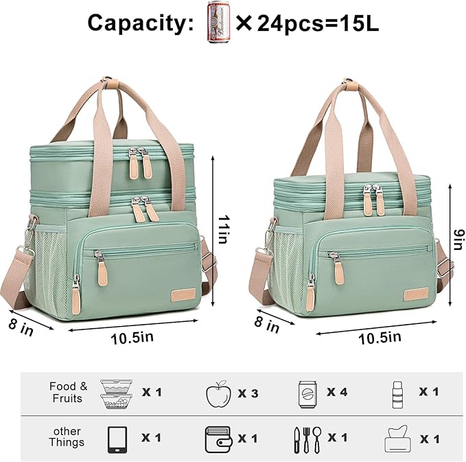 Weitars Insulated Lunch Box for Women Men-Dual Compartment Waterproof Reusable Large Lunch Bag for Women Wide-Open Tote Cooler Bag For Working Picnic Hiking (15L) (Green)