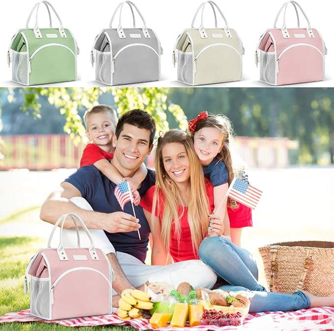LOKASS Lunch Bag Women Insulated Lunch Box Wide-Open Lunch Tote Bag Large Waterproof Cooler Bag for Work Picnic Hiking Beach(Pink)