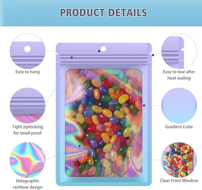 100 Pieces Resealable Mylar Bags, Smell Proof Bags with Clear Window for Food Storage Party Favor Packaging Small Business(Purple&Light Blue, 5.5×7.8 Inch)