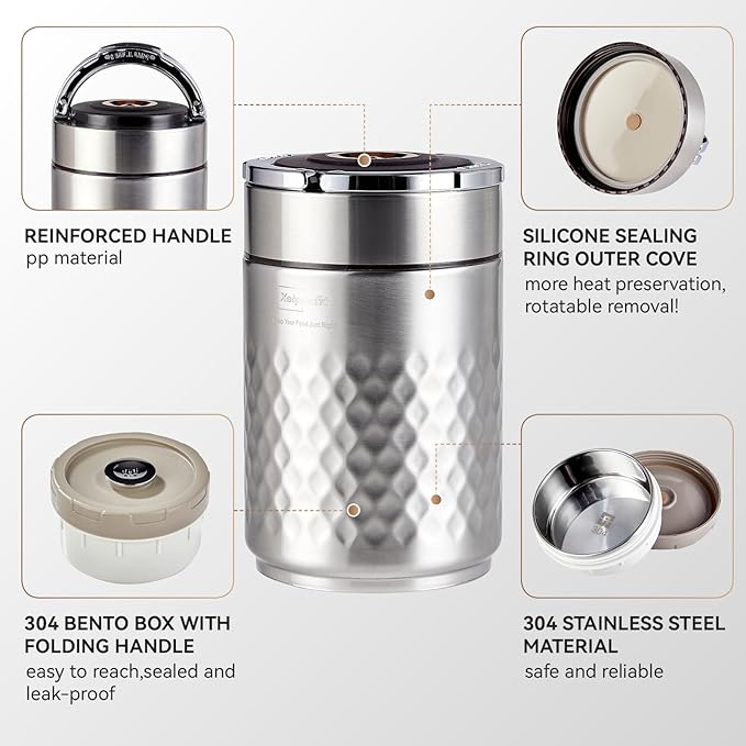 67 oz Adults Stainless Steel Vacuum Insulated Wide Mouth Soup Food Thermos Hot Food Jar with Keep Thermal Portable 3 Tier Stackable Bento Hot Food Containers Lunch Boxes (Silver)