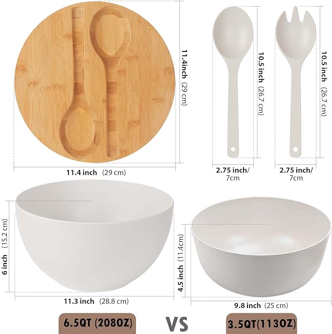 11.3" Extra Large Salad Serving Bowl Set with Wooden Lid&Utensils, 6.5Qt., Bamboo Fiber Salad Bowl with Servers for Kitchen, Lightweight Big Bowl for Mixing Salad,Fruit,Pasta - Matte White