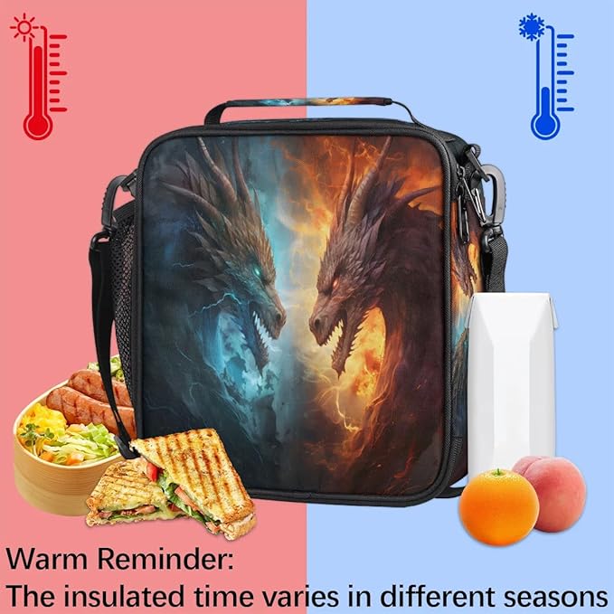 Lunch Box for Kids Boys Girls Water Fire Dragon Kids Lunch Bag Insulated Lunch Bag Tote with Adjustable Shoulder Strap Teens Lunchbox Cooler School Picnic