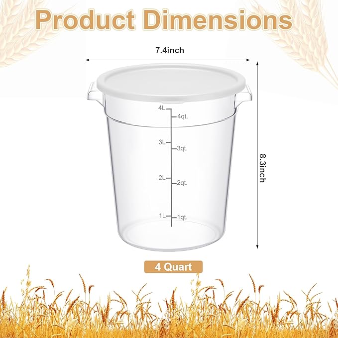 Suclain 4 Pcs 4 Qt Food Storage Container Bucket with Lids Clear Proofing Containers for Dough Rise Bread with Scale Handle Round Flour Commercial Storage Bucket for Home Restaurant Food
