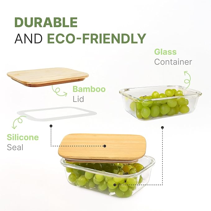 3 Pcs Glass Food Storage Containers with Bamboo Cutting Board and Airtight Lid, Ideal for Preparing and Storing Meals, Food, Fruits, Salad and more Ingredients (22oz, 35oz and 51oz)