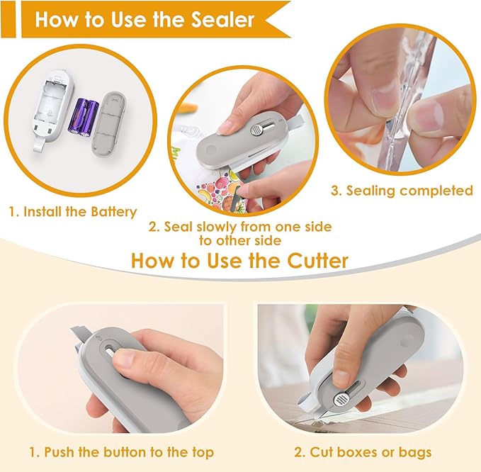 FEPPO Mini Bag Sealer, Bag Sealer with Cutter 2 in 1 Heat Sealer, Portable Chip Sealer Handheld Food Sealer Mini Sealing Machine For Plastic Bags Chip Bags Food Storage (Battery Included)