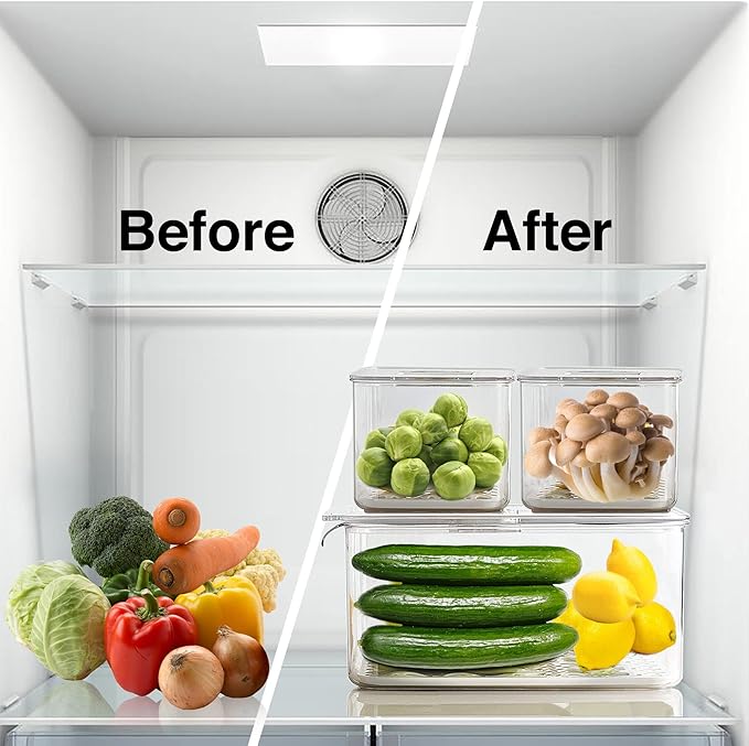 Produce Saver Containers for Refrigerator, Food Fruit Vegetables storage, 3 Pcs Stackable Freezer Fridge Organizer, Fresh Keeper Drawer Bin Basket with Vented Lids & Removable Drain Tray
