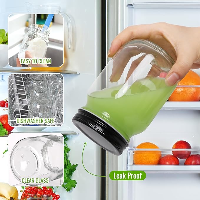 Mason Jars 16 oz with Black Lids, 15 Pack Canning Jars, Clear Regular Mouth Glass Jars for Canning and Fermenting, Labels & Brusher Included - Microwave & Dishwasher Safe