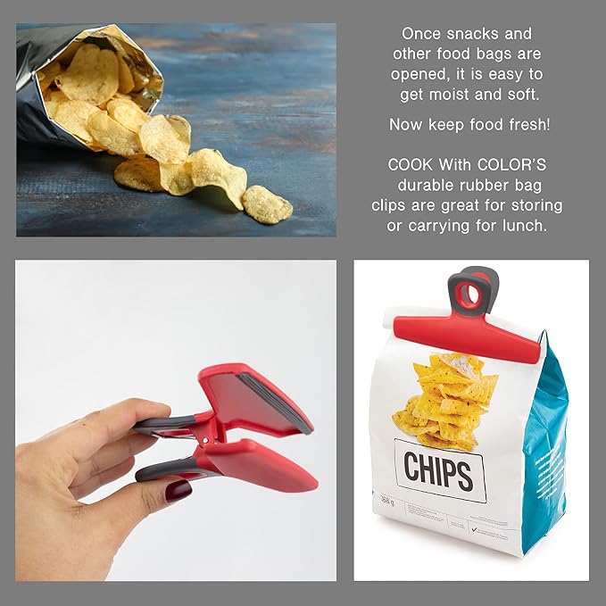 COOK WITH COLOR Food Clips - Wide Heavy Duty Chip Clips, Large Bag Clips for Food Storage with Air Tight Seal Grip, Pack of 16, Red