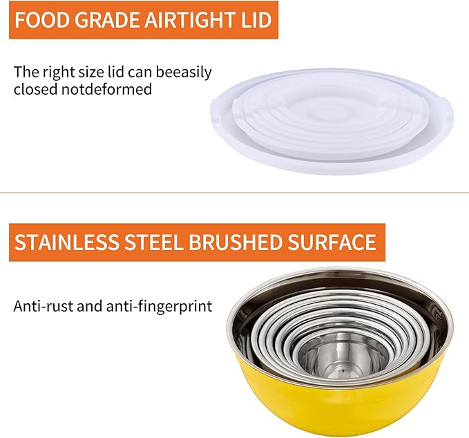 Yellow Mixing Bowls With Airtight Lids,Stainless Steel Bowl,Salad Bowls 7 Piece Colorful Nesting Bowl Rainbow Kitchen Accessories,Size 7,3.6,2.7,2.1,1.5,1.1,0.8QT Stackable Design