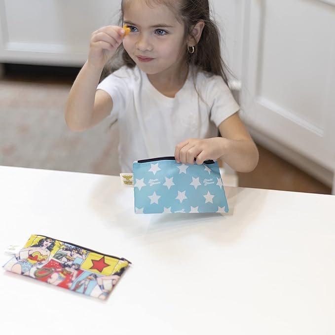 Bumkins Reusable Snack Bags, for Kids School Lunch and for Adults Portion, Washable Fabric, Waterproof Cloth Zip Bag, Supplies Travel Pouch, Food-Safe, 2-pk Wonder Woman DC Comics