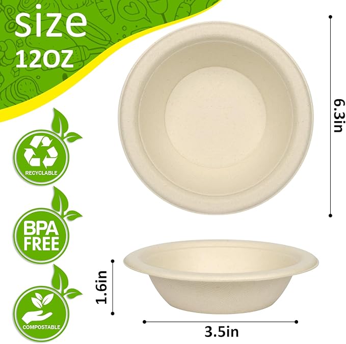 Paper Bowls, 100% Compostable Disposable Soup/Salad Bowls 12 Oz 125 Pack, PFAS-Free BPI Certified Eco-Friendly Hot/Cold Food Bowls, Natural Brown
