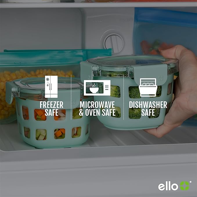 Ello Duraglass 2-Pack 2 Cup Reusable Glass Container Jar with Leak Proof Lids and Protective Silicone Sleeves | Perfect for Overnight Oats, Snacks, Yogurt | BPA-Free | Dishwasher Safe | Yucca