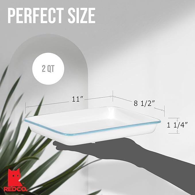 Red Co. 11" x 9" Enamelware Metal Classic 2 Quart Rectangular Serving Tray, Solid White/Teal Rim