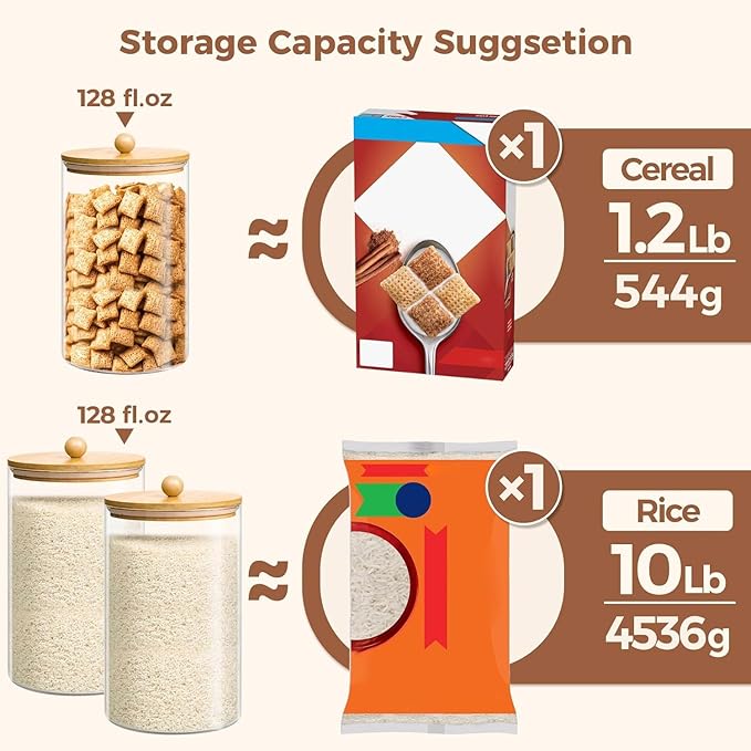 ComSaf 1 Gallon Glass Jar, 128 oz Flour Container, Large Glass Canister with Lid, Food Storage Pantry with Spoon and Clip for Sugar, Oat, Rice, Beans, Pasta, Coffee, Grain