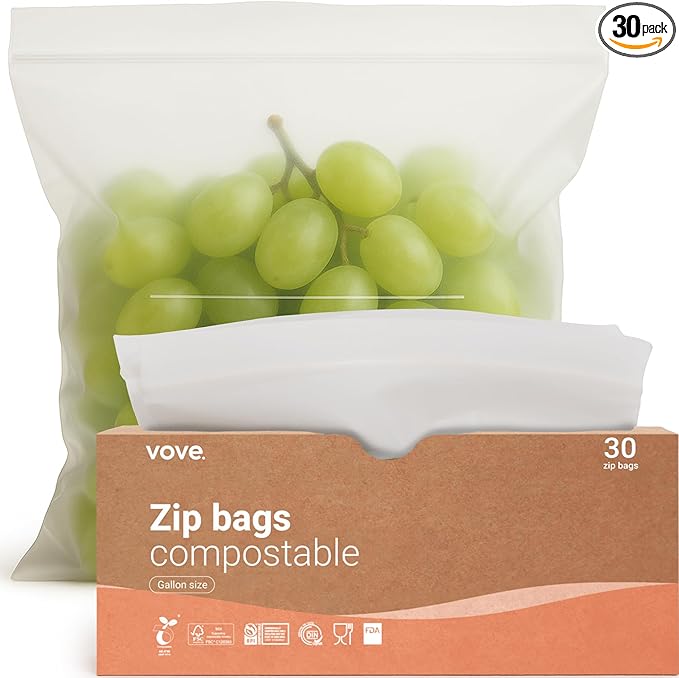 Compostable Zip Bags | 30 Pack Gallon Size (4L) | Biodegradable Storage Bags | PLA PBAT Eco-Friendly | Zero Waste Kitchen Storage | Sustainable Food Bags with Certification