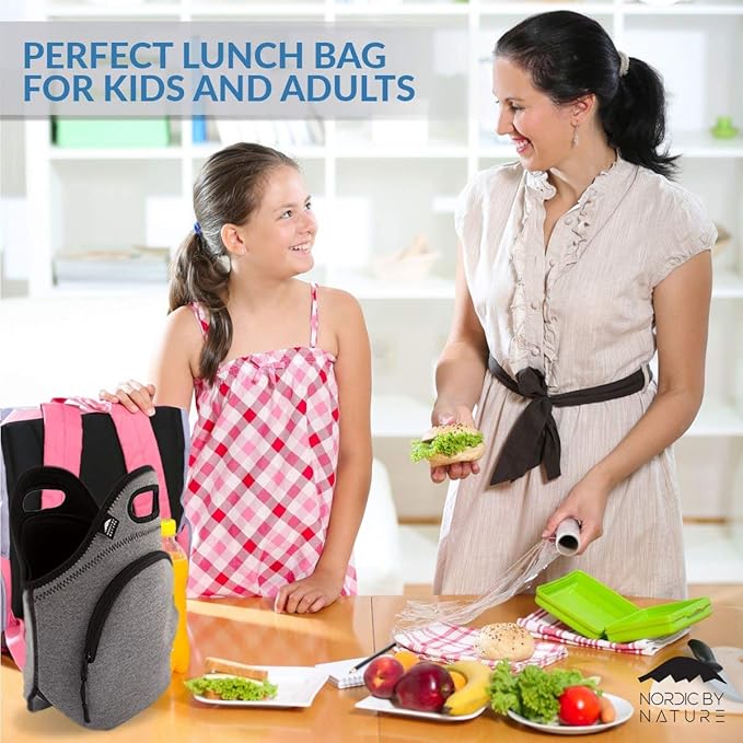 Nordic By Nature Large Neoprene Lunch Bag for Women & Lunch tote for Kids Insulated Lunch bag Reusable Washable Thick Neoprene & Soft Cotton Feel, Premium Stitching, Outside Pocket, (L) Grey/Black